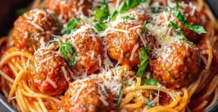 Plat de spaghettis gratinés avec boulettes de viande italiennes, mozzarella fondue et sauce tomate maison.