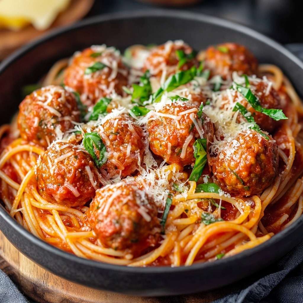 Plat de spaghettis gratinés avec boulettes de viande italiennes, mozzarella fondue et sauce tomate maison.