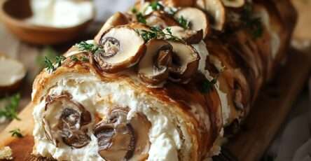 Bûche salée roulée garnie aux champignons et mascarpone, décorée d’herbes fraîches.