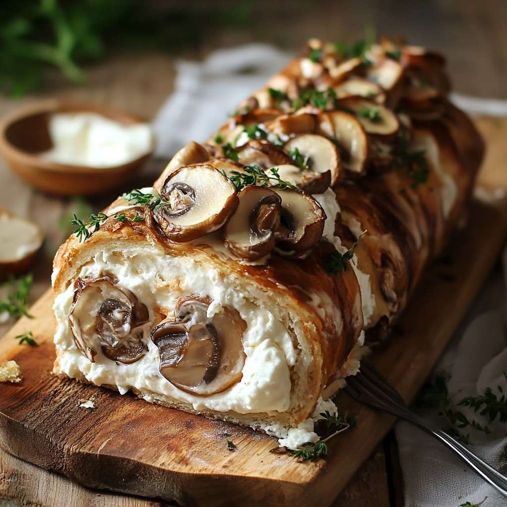 Bûche salée roulée garnie aux champignons et mascarpone, décorée d’herbes fraîches.