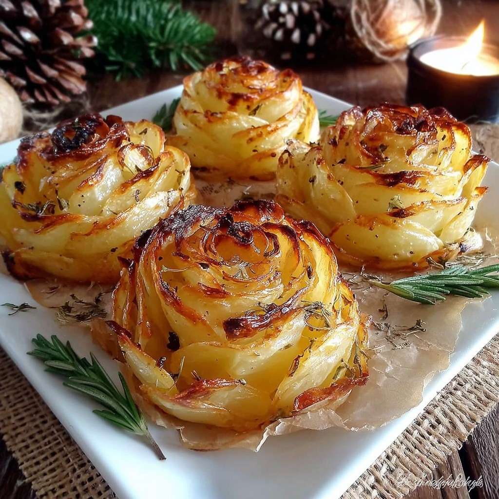 Roses de pommes de terre dorées et croustillantes dans un moule à muffins, formées de fines tranches superposées.