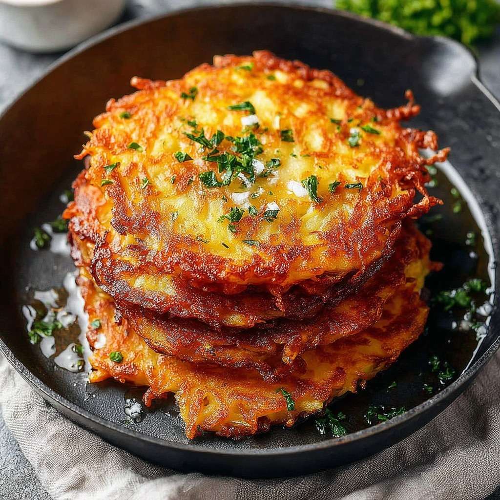 Galettes de pommes de terre dorées et croustillantes servies chaudes avec une texture fondante et une croûte bien grillée.
