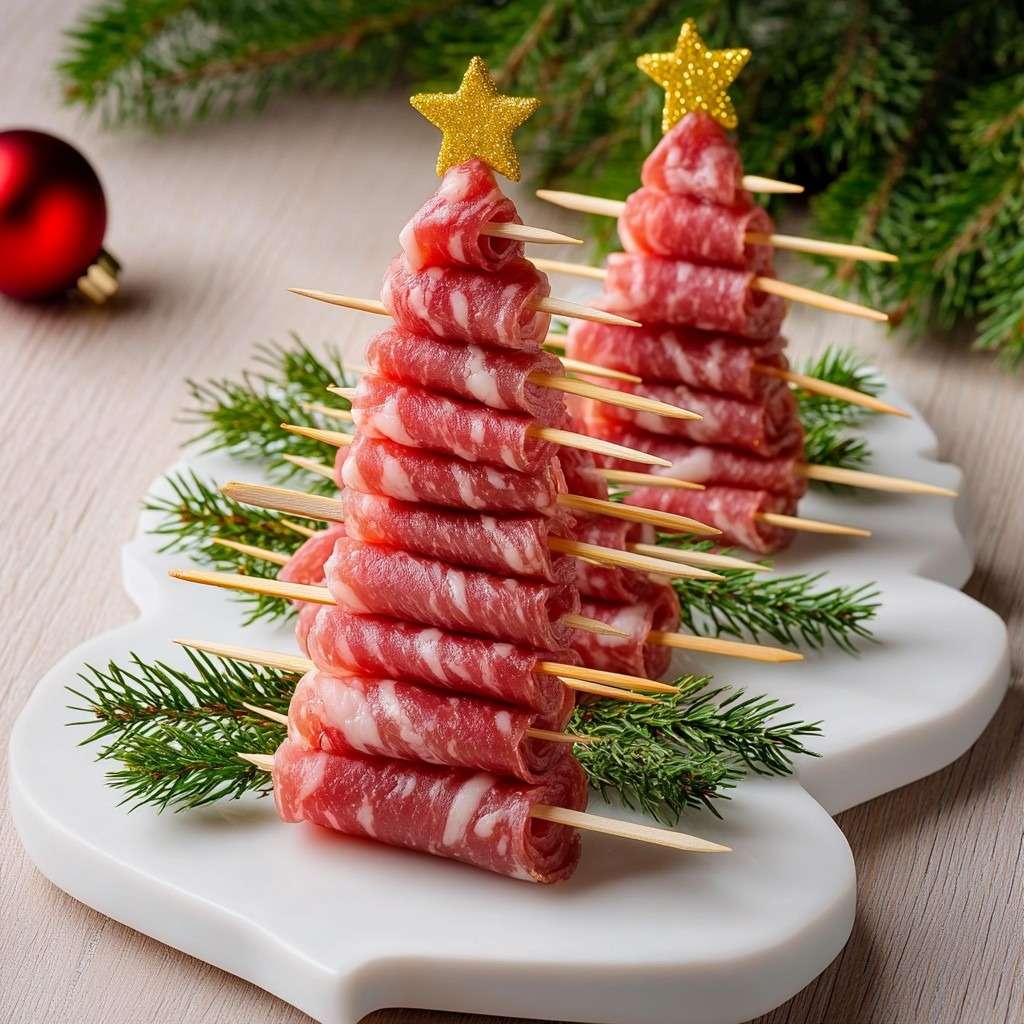 Brochettes en forme de sapins composées de tranches de saucisson pliées, décorées de romarin et d’une étoile comestible.