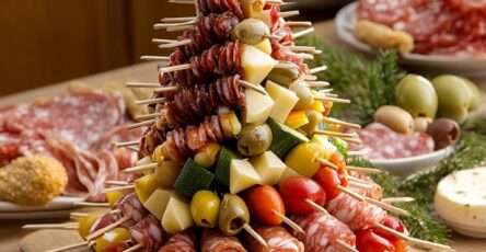 Sapin apéritif réalisé avec charcuterie, fromages, tomates cerises, olives et légumes montés sur un cône.