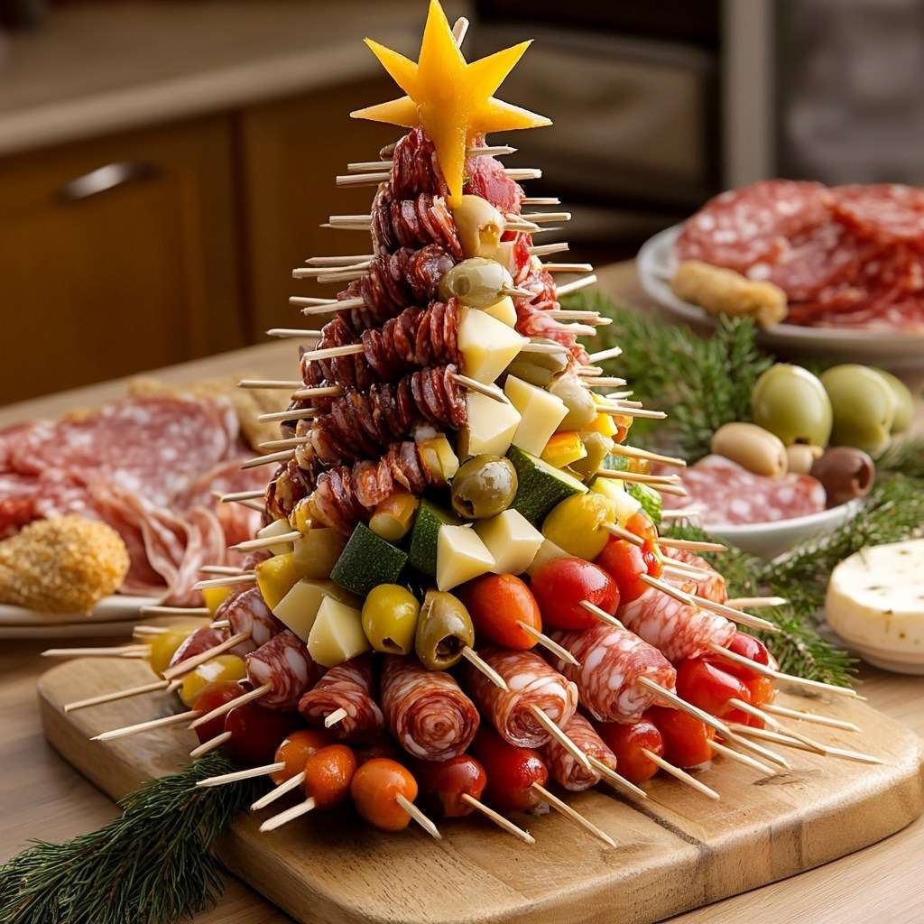 Sapin apéritif réalisé avec charcuterie, fromages, tomates cerises, olives et légumes montés sur un cône.