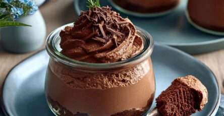 Verrines de mousse au chocolat express garnies de copeaux de chocolat sur un fond de biscuits croustillants.