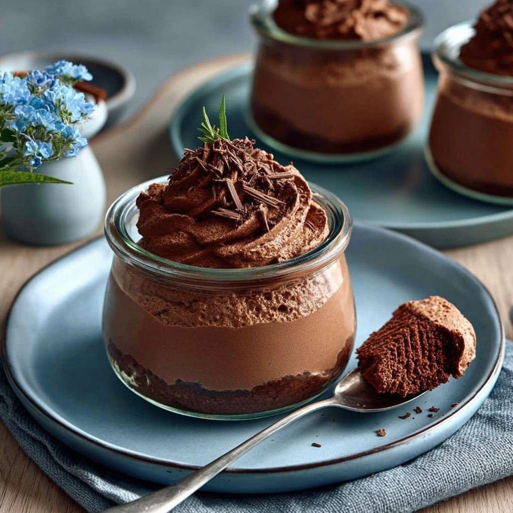 Verrines de mousse au chocolat express garnies de copeaux de chocolat sur un fond de biscuits croustillants.