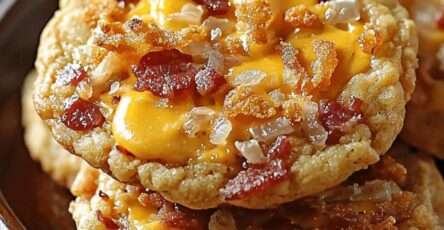 Cookies salés dorés au bacon, cheddar et oignons frits posés sur une grille de refroidissement.