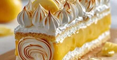 Cheesecake citron meringué triple citron avec croûte croustillante, cœur fondant au fromage et lemon curd, surmonté d’une meringue dorée aux belles volutes.