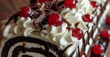 Bûche roulée Forêt-Noire au chocolat, crème mascarpone et cerises, façon gâteau roulé élégant avec copeaux de chocolat, sirop parfumé et décor aux cerises pour Noël.
