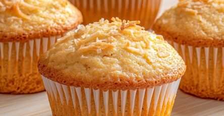Muffins à la noix de coco ultra moelleux, dorés au four et saupoudrés de coco râpée sur le dessus.