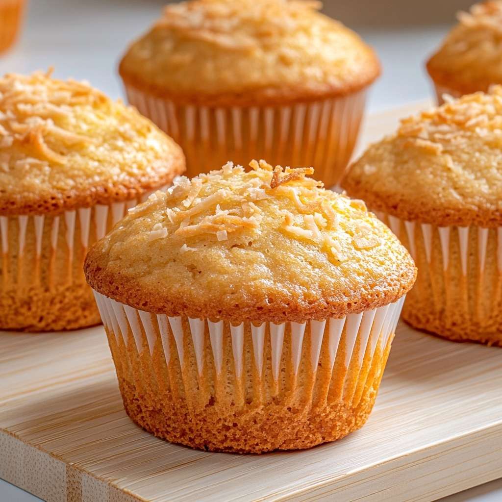 Muffins à la noix de coco ultra moelleux, dorés au four et saupoudrés de coco râpée sur le dessus.