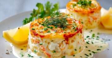 Flans de crabe individuels nappés de sauce à la ciboulette et au citron, servis en entrée sur une assiette raffinée.