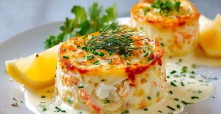 Flans de crabe individuels nappés de sauce à la ciboulette et au citron, servis en entrée sur une assiette raffinée.