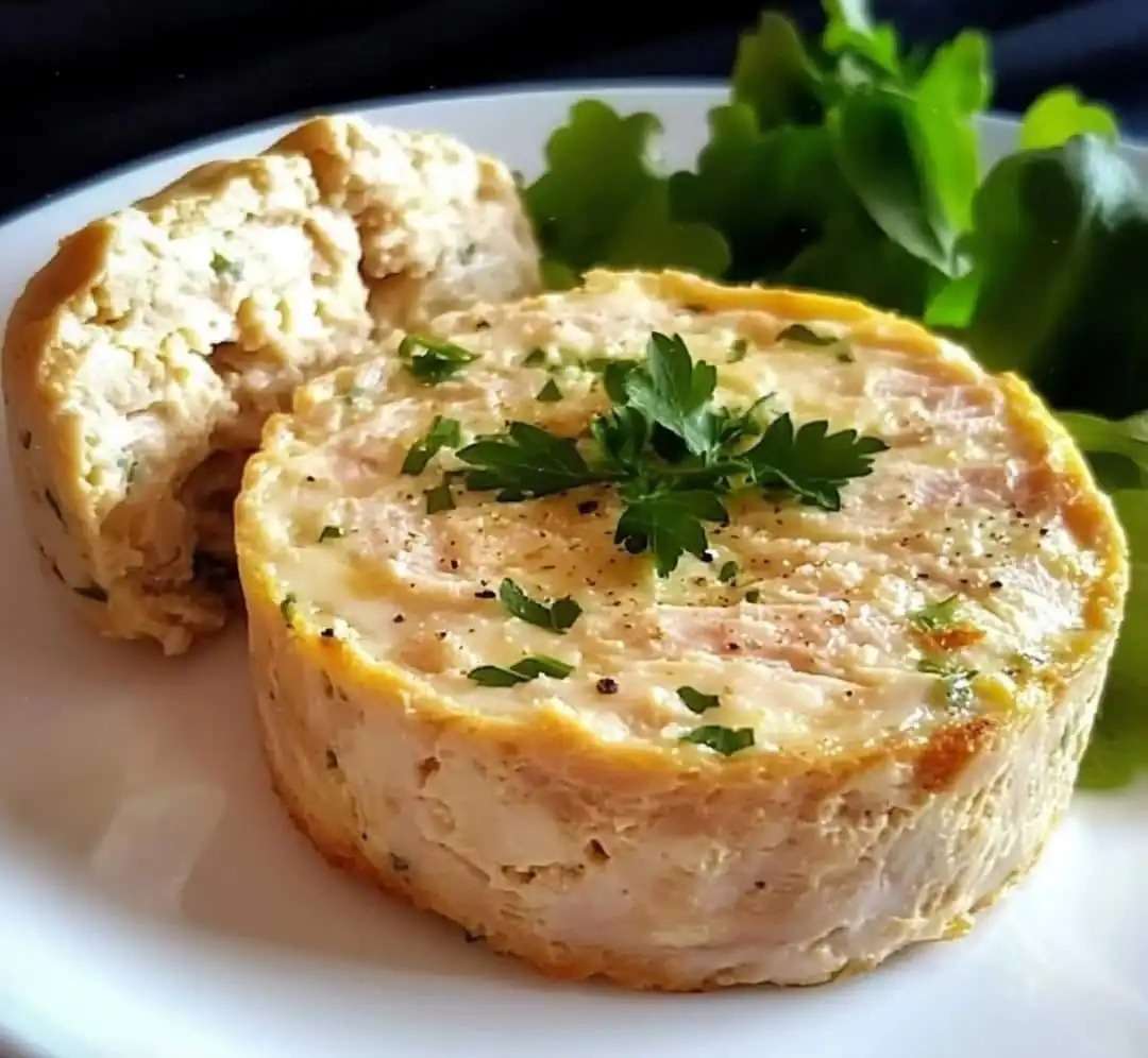 Part de flan au thon doré au four, servie avec une salade verte croquante dans une assiette familiale.
