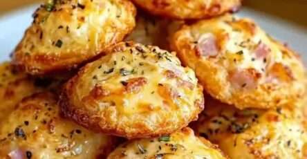 Assiette de cookies salés dorés au parmesan et jambon, disposés pour l’apéritif sur une planche en bois avec un petit bol de sauce.