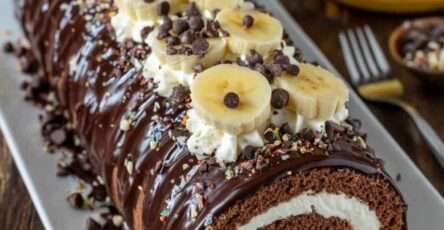 Tranche de bûche roulée chocolat banane avec génoise cacao, crème mascarpone et glaçage chocolat brillant, décorée de rondelles de banane et de pépites de chocolat.