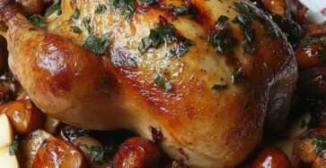 Chapon rôti doré entouré de marrons et quartiers de pommes, nappé de jus, servi dans un grand plat de fête.