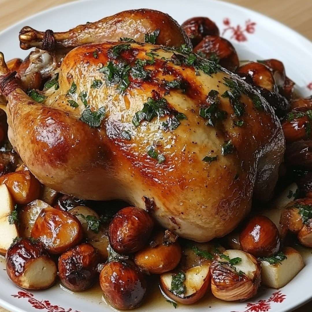 Chapon rôti doré entouré de marrons et quartiers de pommes, nappé de jus, servi dans un grand plat de fête.