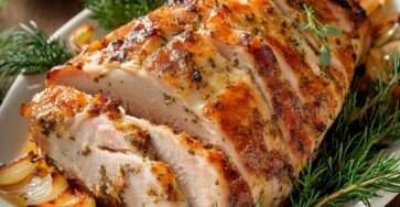 Jambon rôti au miel et moutarde, doré et caramélisé, tranché dans un plat avec oignons rôtis.