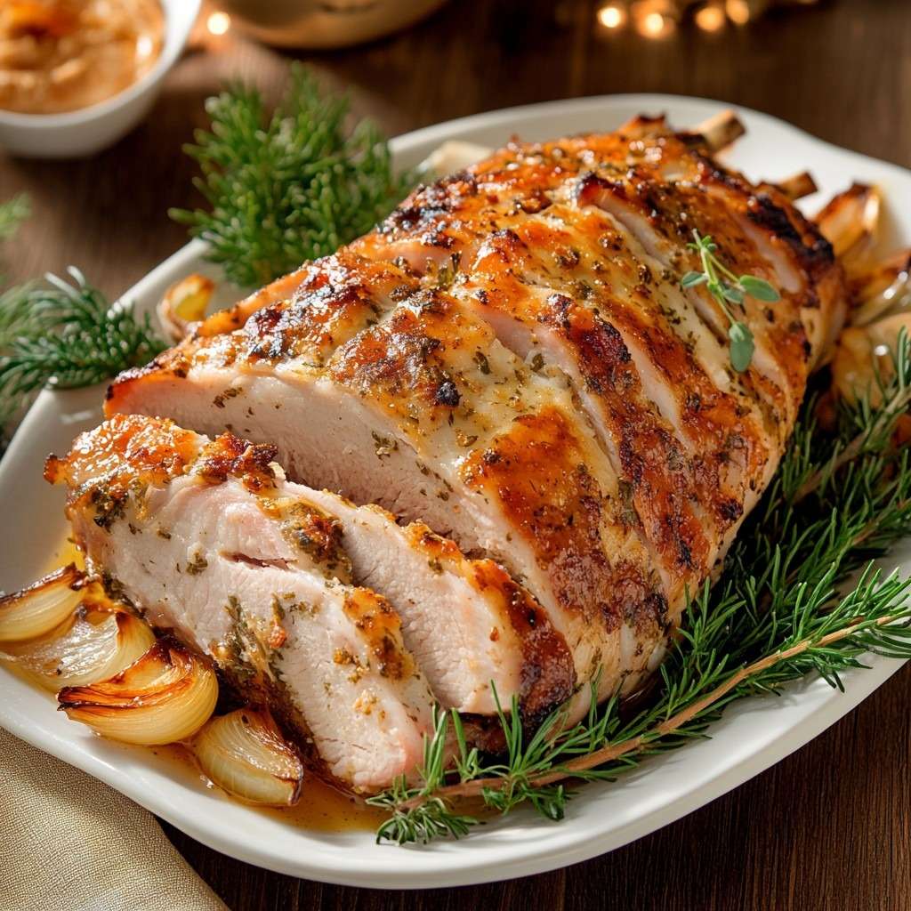 Jambon rôti au miel et moutarde, doré et caramélisé, tranché dans un plat avec oignons rôtis.