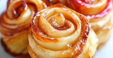 Roses feuilletées dorées aux pommes et à la cannelle dans un moule à muffins, saupoudrées de sucre glace.