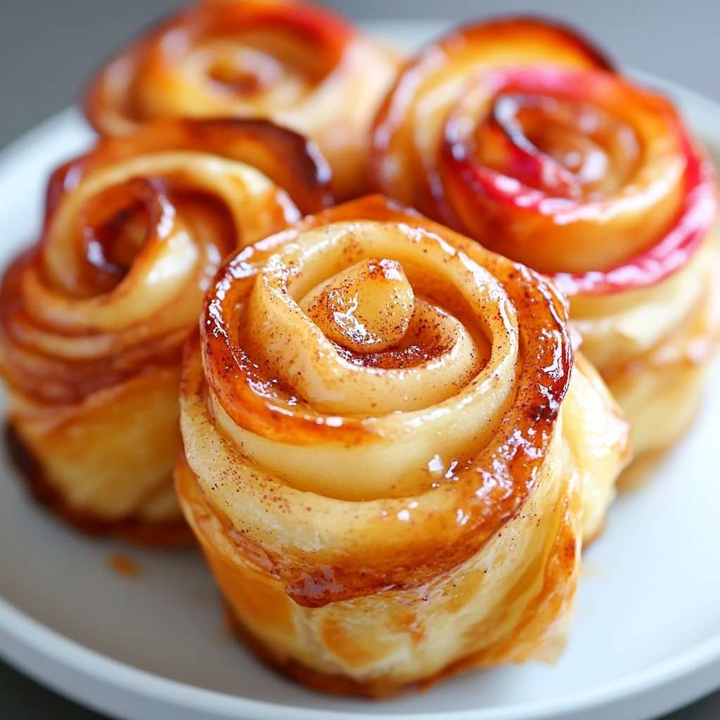 Roses feuilletées dorées aux pommes et à la cannelle dans un moule à muffins, saupoudrées de sucre glace.