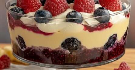 Verrine de trifle aux fruits rouges avec couches de génoise, coulis, crème vanille et chantilly, décorée de framboises et myrtilles fraîches.