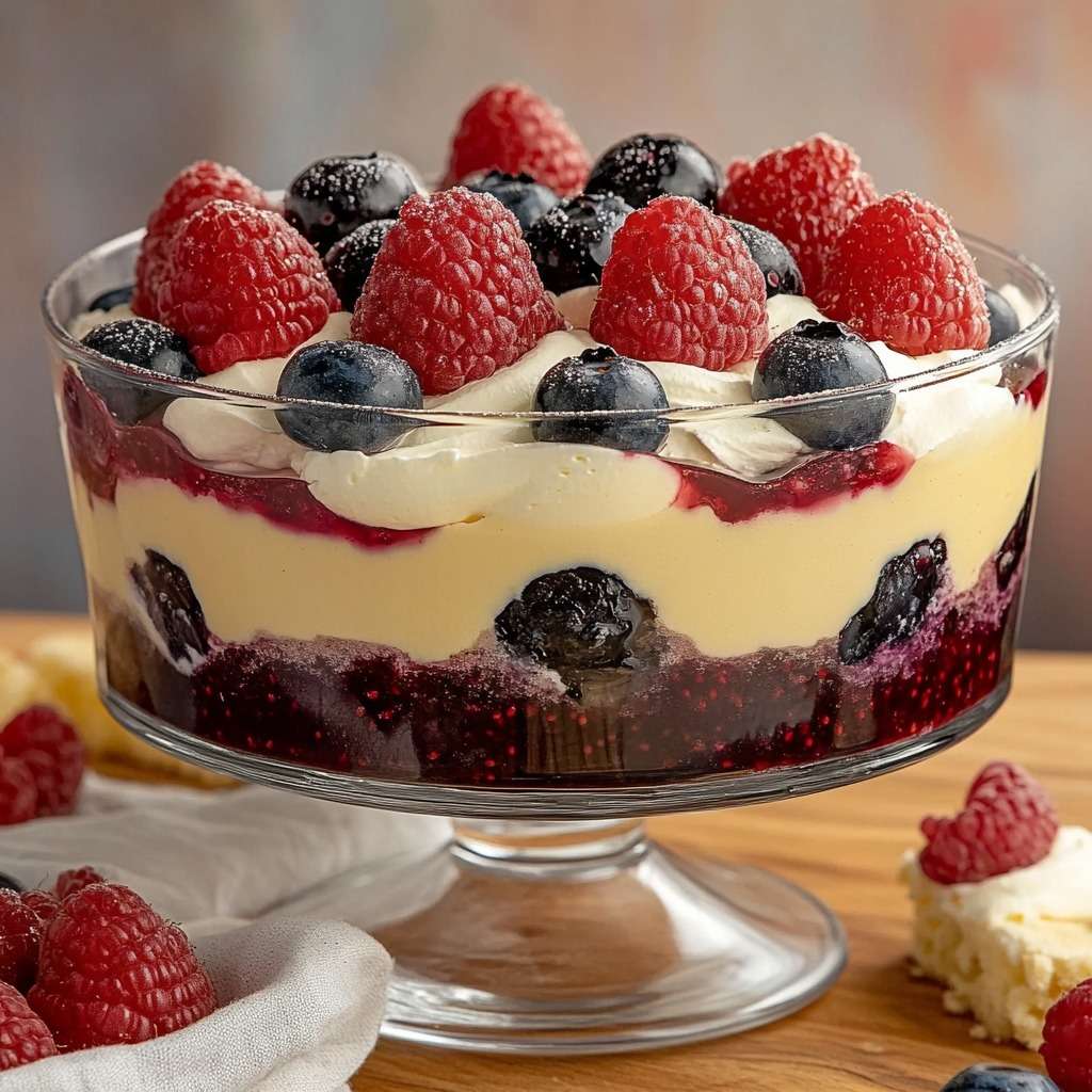 Verrine de trifle aux fruits rouges avec couches de génoise, coulis, crème vanille et chantilly, décorée de framboises et myrtilles fraîches.
