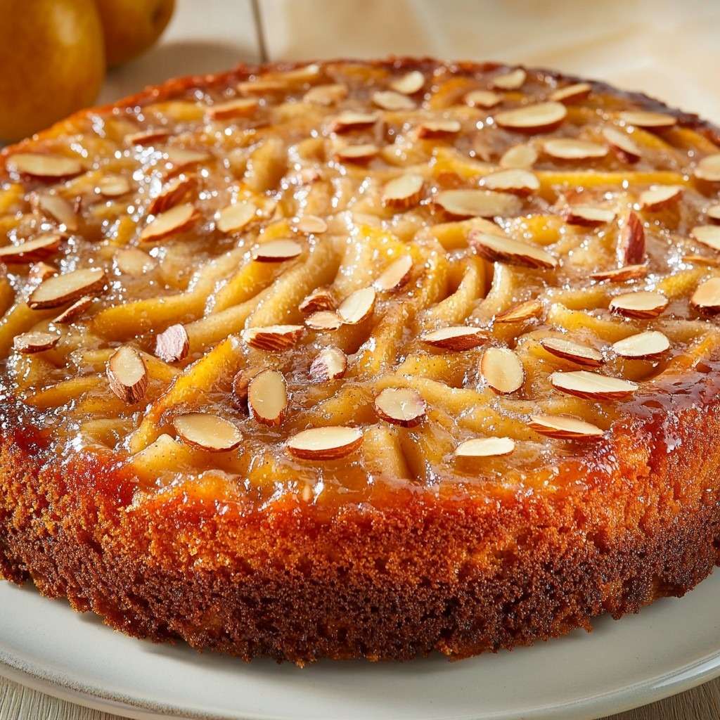 Gâteau renversé aux poires caramélisées et amandes effilées, doré, servi sur un plat.