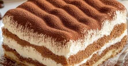 Tiramisu classique crémeux au mascarpone, en plat familial, saupoudré de cacao.