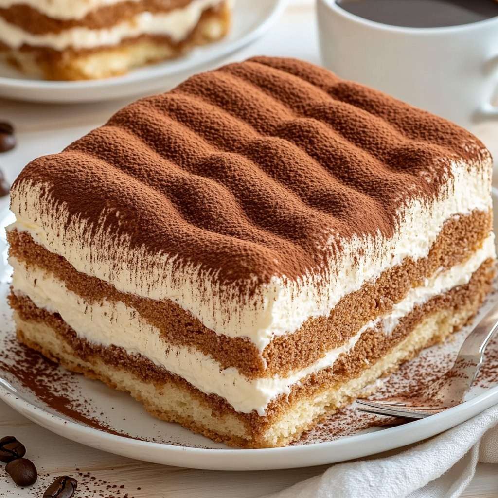 Tiramisu classique crémeux au mascarpone, en plat familial, saupoudré de cacao.