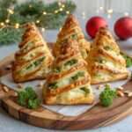 Petits sapins feuilletés dorés garnis de brocoli, pesto et mozzarella fondante, disposés sur une plaque de service pour l’apéritif.
