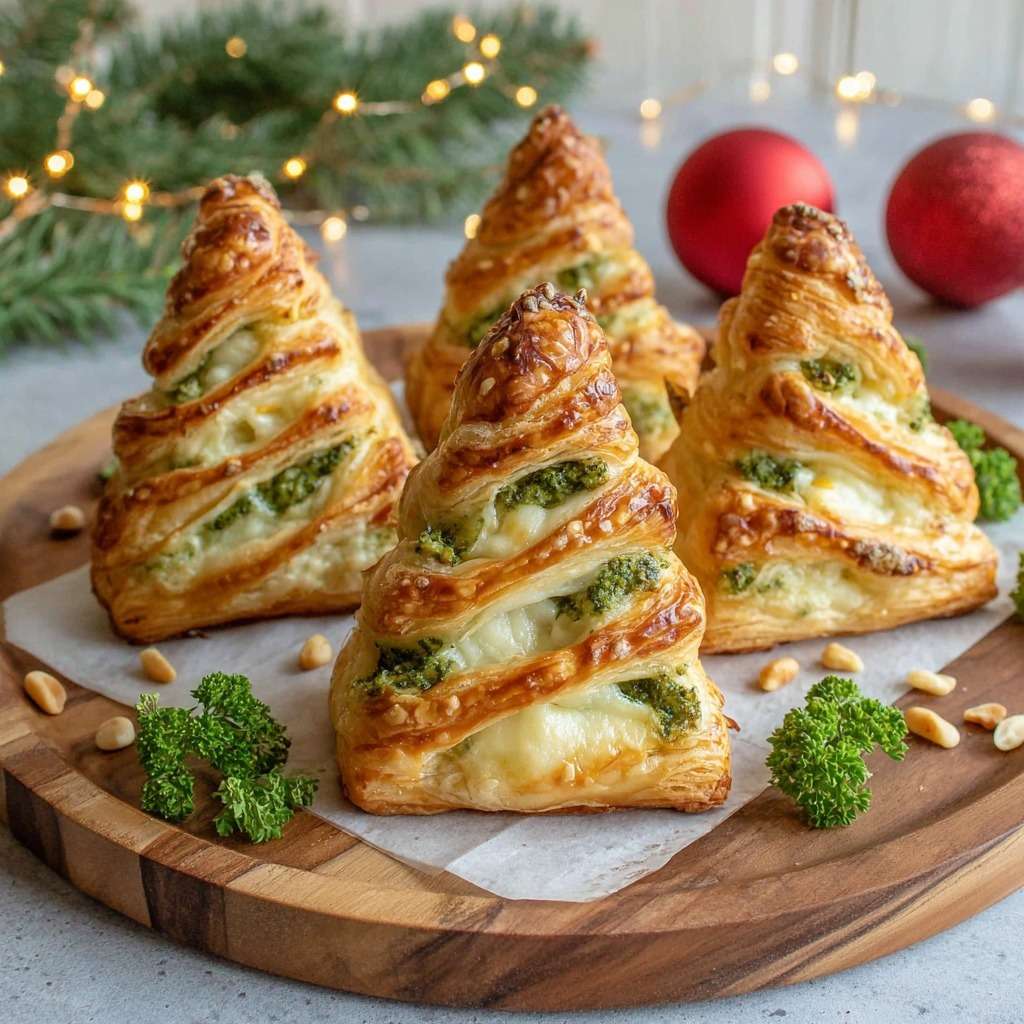 Petits sapins feuilletés dorés garnis de brocoli, pesto et mozzarella fondante, disposés sur une plaque de service pour l’apéritif.