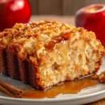 Gâteau moelleux aux pommes nappé de caramel liquide, doré et fondant, servi sur une assiette.