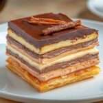 Mille-feuille au chocolat et crème pralinée composé de couches de pâte feuilletée dorée, crème pralinée et ganache au chocolat, décoré de copeaux de chocolat.