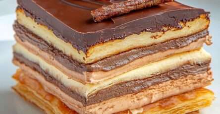 Mille-feuille au chocolat et crème pralinée composé de couches de pâte feuilletée dorée, crème pralinée et ganache au chocolat, décoré de copeaux de chocolat.