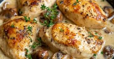 Morceaux de poulet à la crème avec champignons et persil dans une poêle, nappés d’une sauce onctueuse.