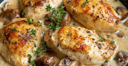Morceaux de poulet à la crème avec champignons et persil dans une poêle, nappés d’une sauce onctueuse.