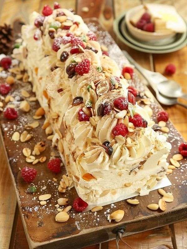 Bûche roulée au mascarpone garnie de framboises fraîches et amandes effilées, saupoudrée de sucre glace.