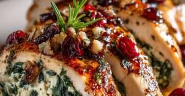 Poitrines de poulet farcies aux épinards, brie fondant et canneberges, nappées de glaçage miel balsamique et garnies de romarin frais.