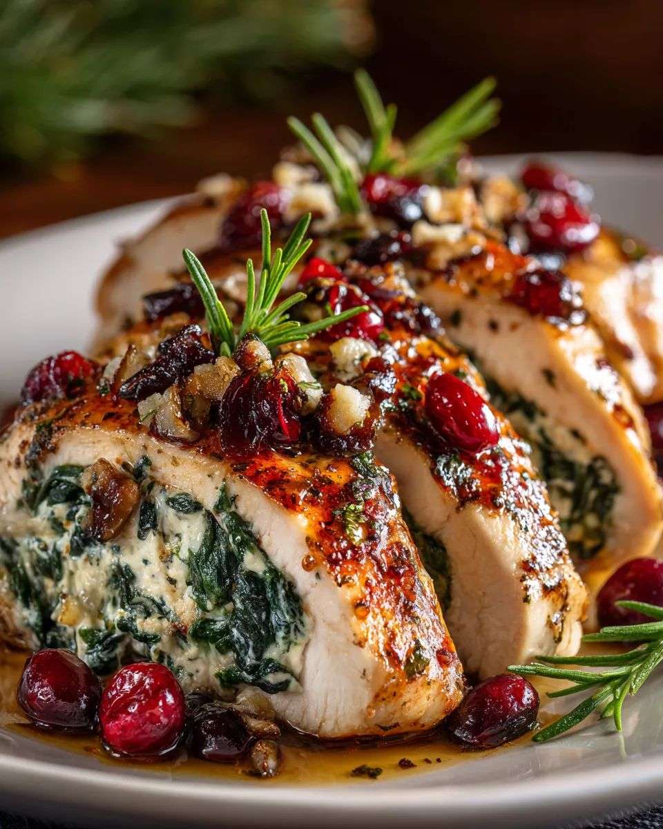 Poitrines de poulet farcies aux épinards, brie fondant et canneberges, nappées de glaçage miel balsamique et garnies de romarin frais.