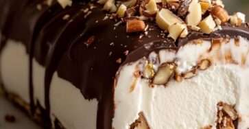 Bûche glacée vanille avec cœur praliné croustillant, nappée de chocolat noir craquant et décorée d’amandes torréfiées.