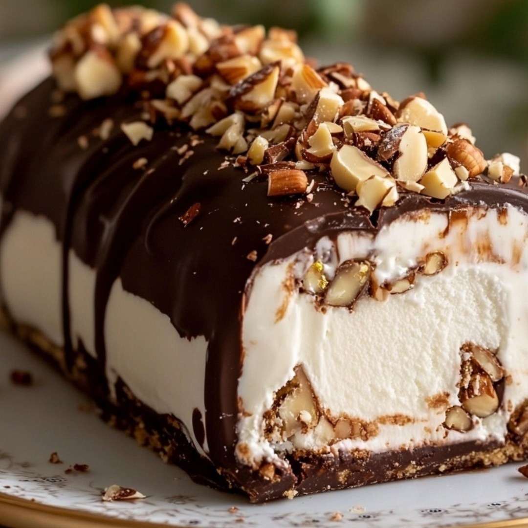 Bûche glacée vanille avec cœur praliné croustillant, nappée de chocolat noir craquant et décorée d’amandes torréfiées.