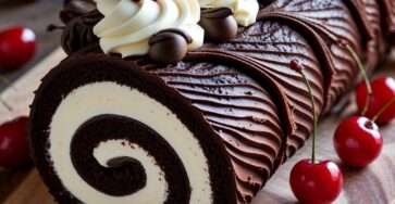 Bûche de Noël roulée au chocolat garnie de crème chantilly aux cerises, nappée de ganache et décorée de cerises et copeaux de chocolat.