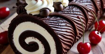 Bûche de Noël roulée au chocolat garnie de crème chantilly aux cerises, nappée de ganache et décorée de cerises et copeaux de chocolat.