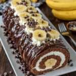 Bûche roulée au chocolat garnie de crème mascarpone et banane, nappée de glaçage brillant et décorée de rondelles de banane et pépites de chocolat.