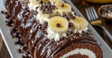 Bûche roulée au chocolat garnie de crème mascarpone et banane, nappée de glaçage brillant et décorée de rondelles de banane et pépites de chocolat.