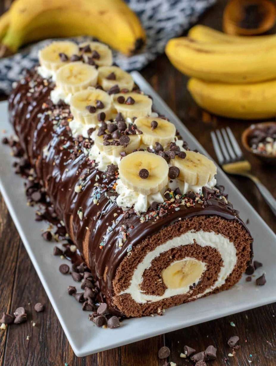 Bûche roulée au chocolat garnie de crème mascarpone et banane, nappée de glaçage brillant et décorée de rondelles de banane et pépites de chocolat.