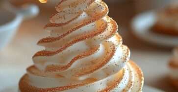 Dessert en forme de sapin de Noël sur base de biscuit sablé, garni de crème vanille pochée en cône et décoré de paillettes et étoiles dorées.